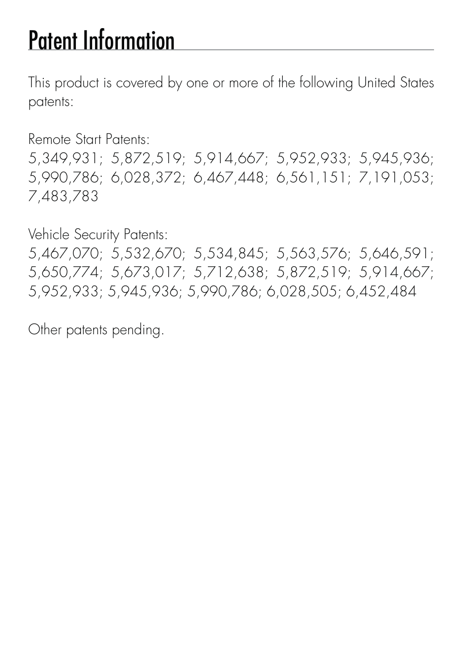 Patent information | CLIFFORD Remote Start & Security System 520.4X User Manual | Page 46 / 53