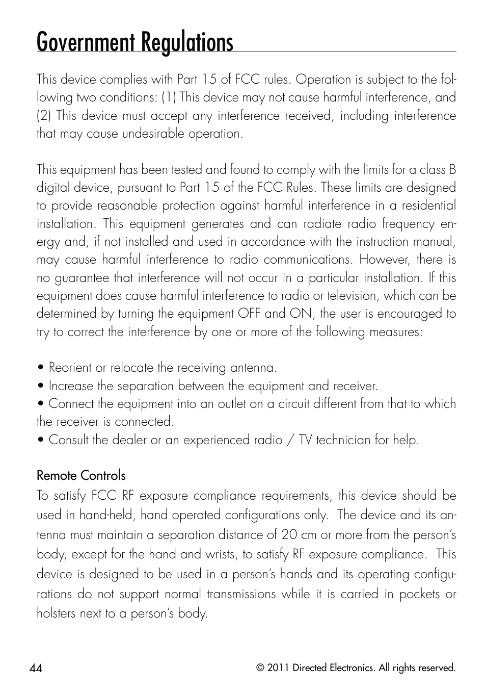 Government regulations | CLIFFORD Remote Start & Security System 520.4X User Manual | Page 47 / 53