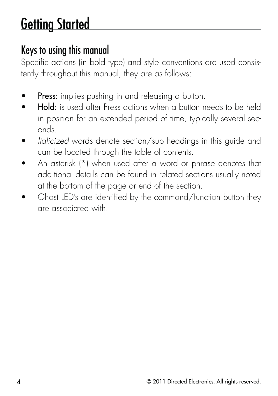 Getting started, Keys to using this manual | CLIFFORD Remote Start & Security System 520.4X User Manual | Page 7 / 53