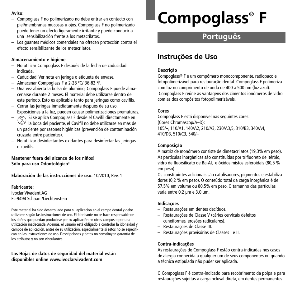 Português, Compoglass, Instruções de uso | Ivoclar Vivadent Compoglass F v.2 User Manual | Page 11 / 32