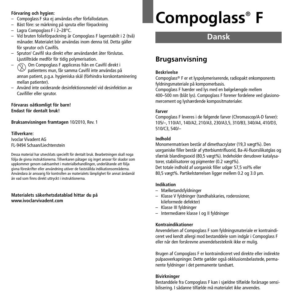 Dansk, Compoglass, Brugsanvisning | Ivoclar Vivadent Compoglass F v.2 User Manual | Page 15 / 32