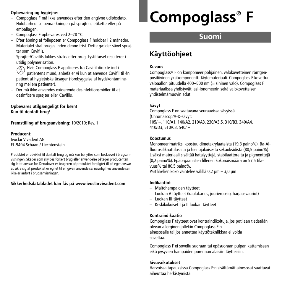 Suomi, Compoglass, Käyttöohjeet | Ivoclar Vivadent Compoglass F v.2 User Manual | Page 17 / 32