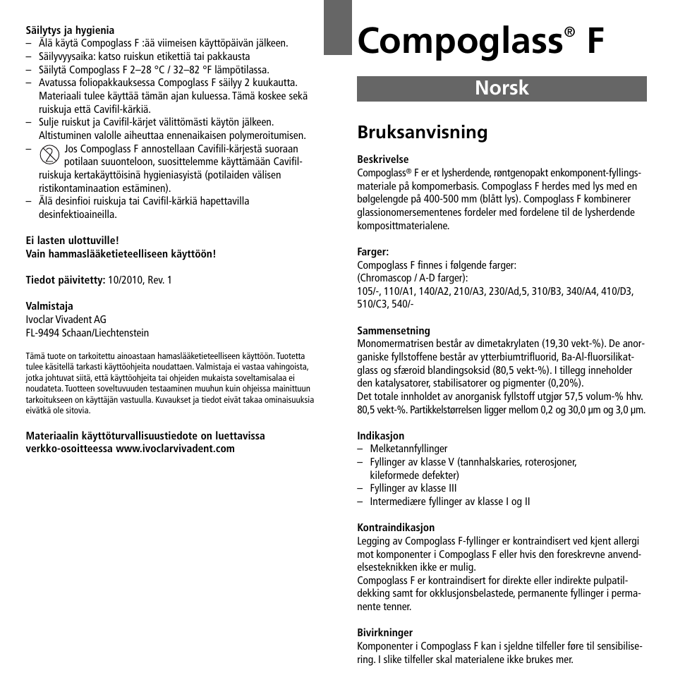 Norsk, Compoglass, Bruksanvisning | Ivoclar Vivadent Compoglass F v.2 User Manual | Page 19 / 32