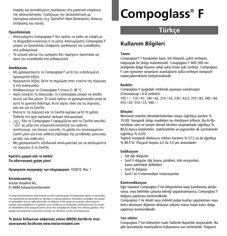 Türkçe, Compoglass, Kullanım bilgileri | Ivoclar Vivadent Compoglass F v.2 User Manual | Page 25 / 32