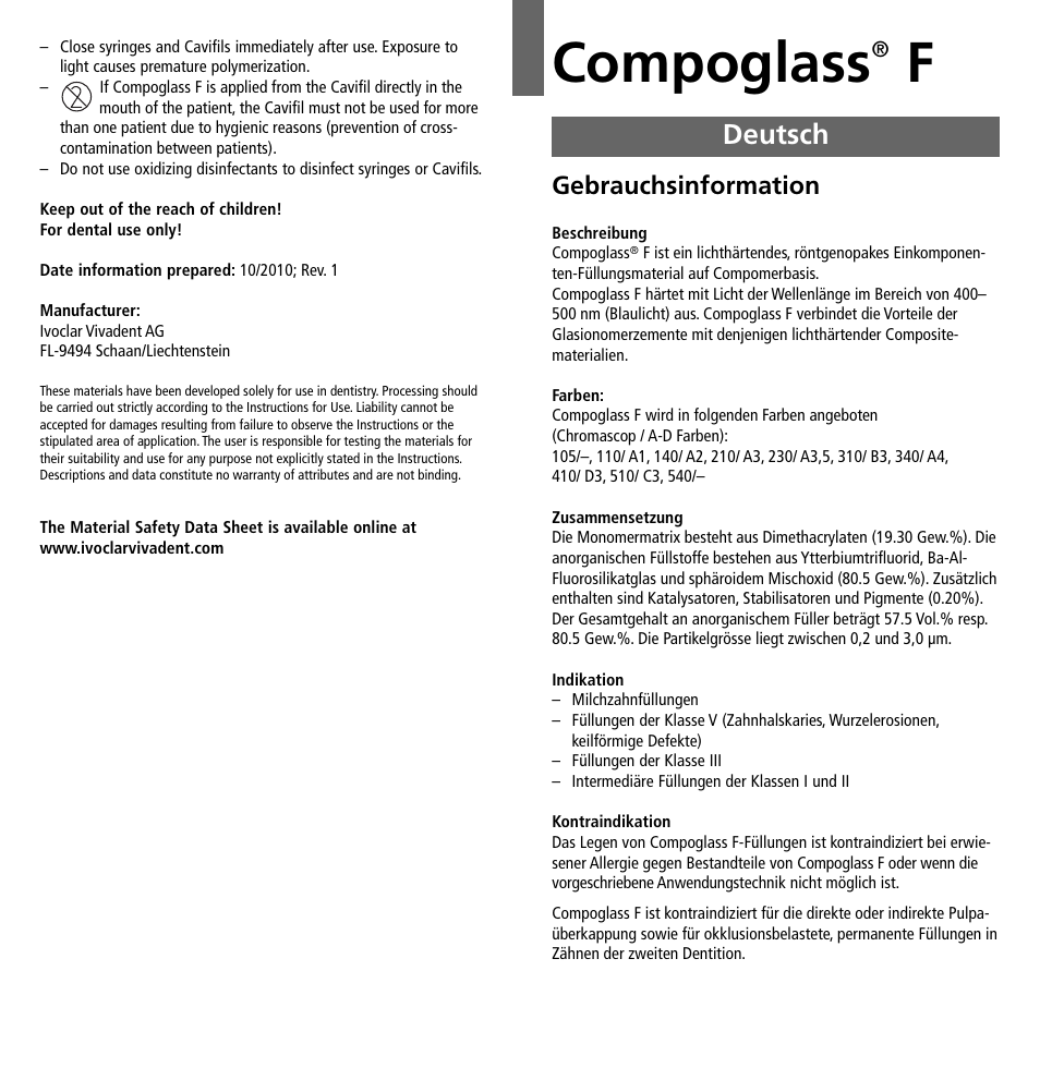 Deutsch, Compoglass, Gebrauchsinformation | Ivoclar Vivadent Compoglass F v.2 User Manual | Page 3 / 32