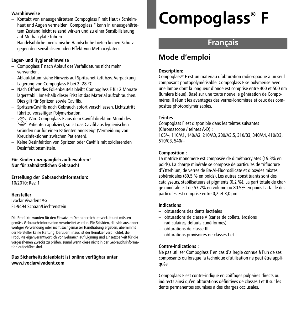 Français, Compoglass, Mode d’emploi | Ivoclar Vivadent Compoglass F v.2 User Manual | Page 5 / 32