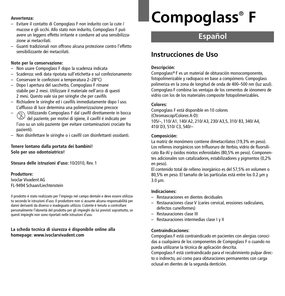 Español, Compoglass, Instrucciones de uso | Ivoclar Vivadent Compoglass F v.2 User Manual | Page 9 / 32