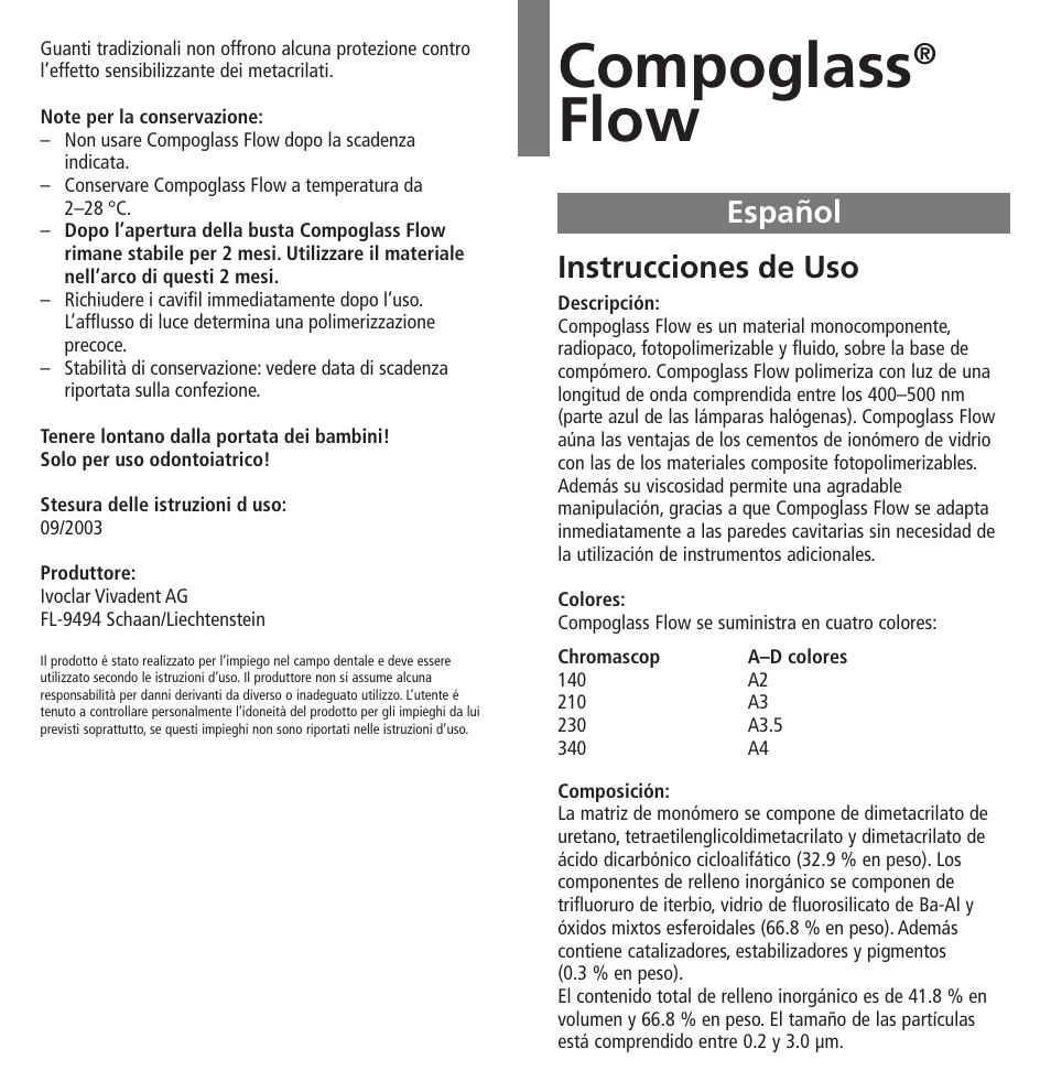 Español, Compoglass, Flow | Instrucciones de uso | Ivoclar Vivadent Compoglass Flow v.1.pdf User Manual | Page 11 / 32