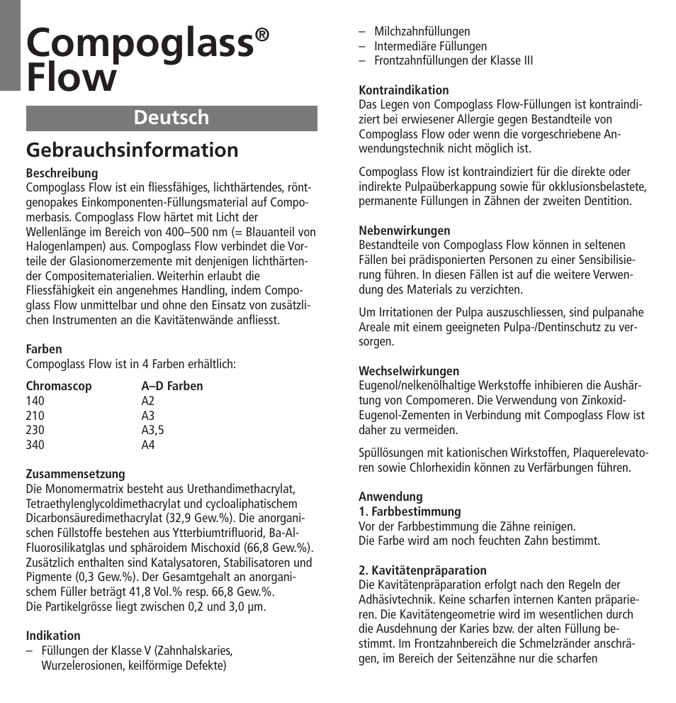 Deutsch, Compoglass, Flow | Gebrauchsinformation | Ivoclar Vivadent Compoglass Flow v.1.pdf User Manual | Page 4 / 32