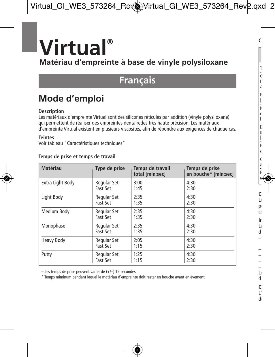 Français, Virtual, Mode d’emploi | Matériau d'empreinte à base de vinyle polysiloxane | Ivoclar Vivadent Virtual v.3 User Manual | Page 12 / 80