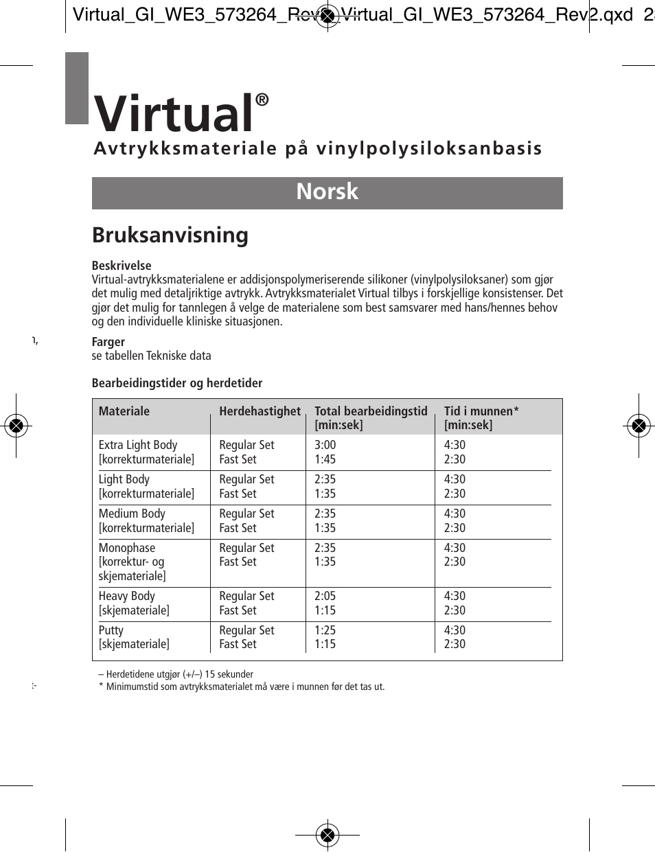 Norsk, Virtual, Bruksanvisning | Avtrykksmateriale på vinylpolysiloksanbasis | Ivoclar Vivadent Virtual v.3 User Manual | Page 47 / 80