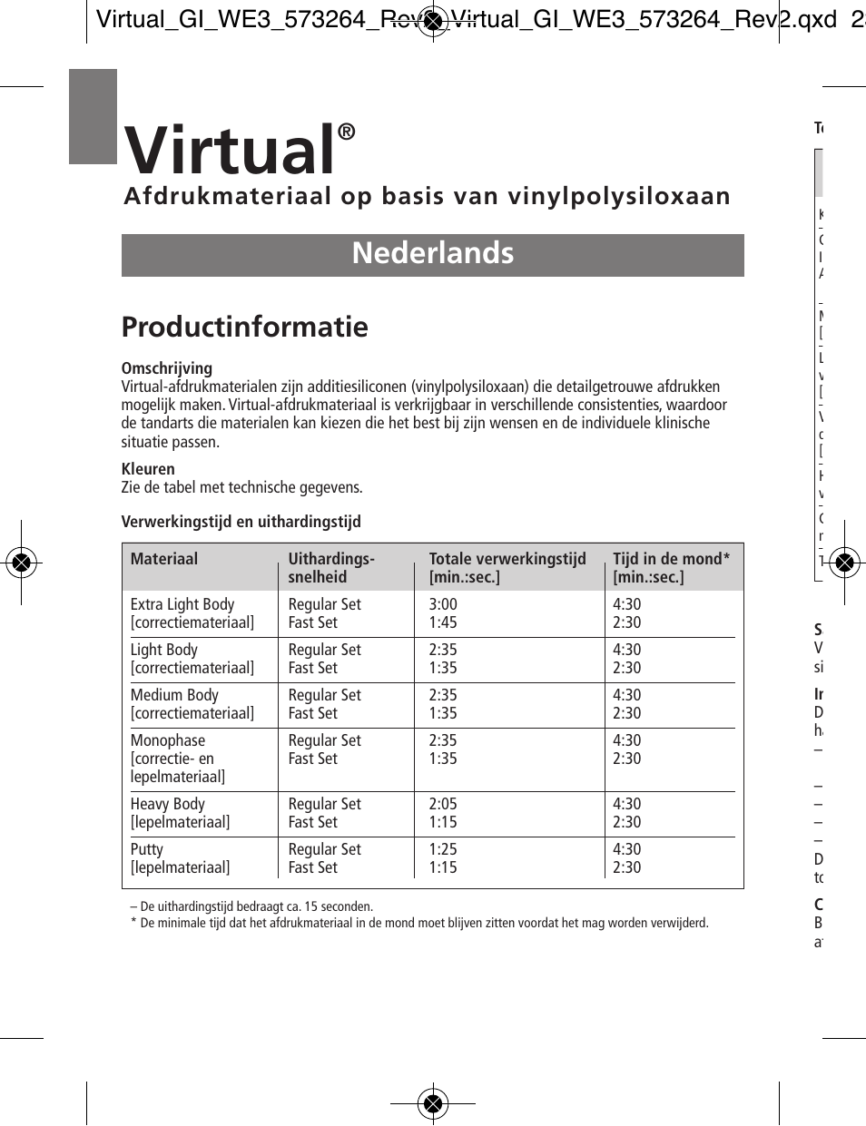 Nederlands, Virtual, Productinformatie | Afdrukmateriaal op basis van vinylpolysiloxaan | Ivoclar Vivadent Virtual v.3 User Manual | Page 52 / 80