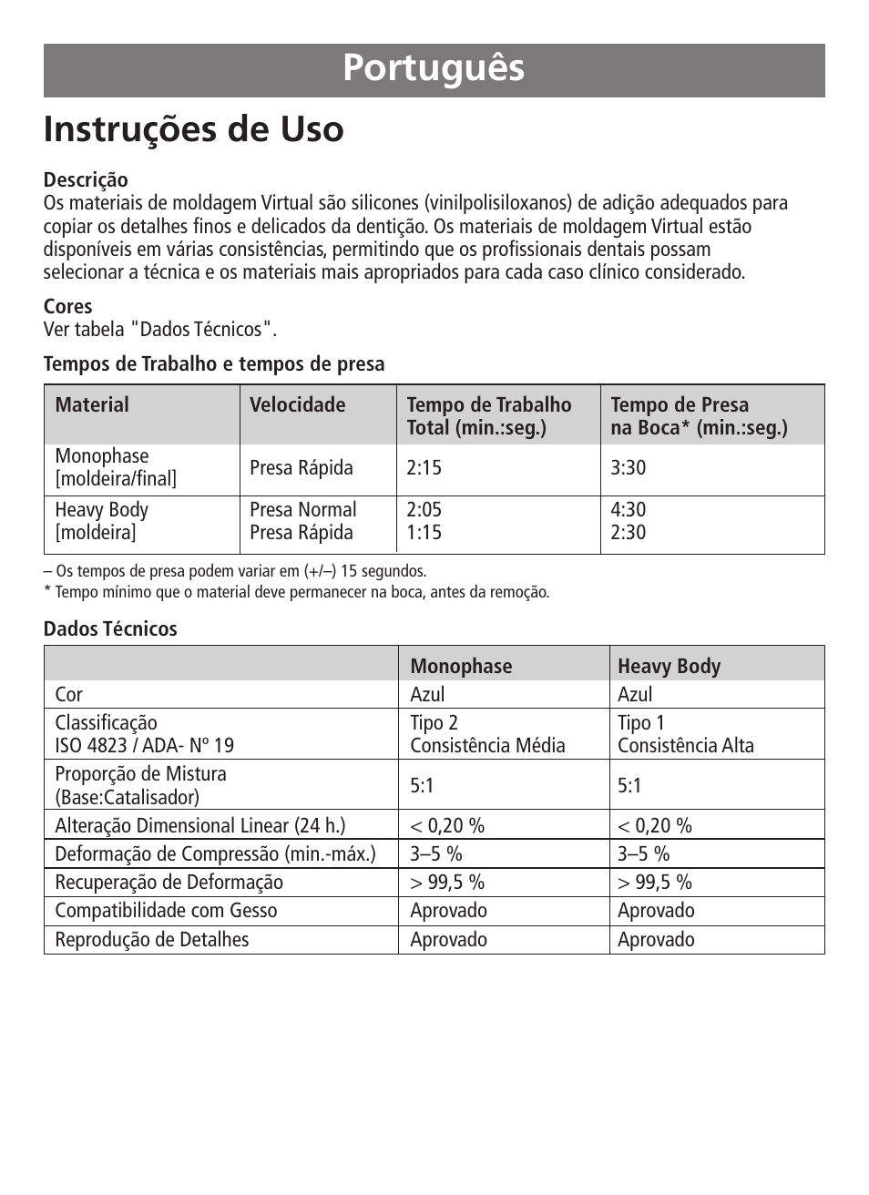 Português, Instruções de uso | Ivoclar Vivadent Virtual 380 v.3 User Manual | Page 22 / 64