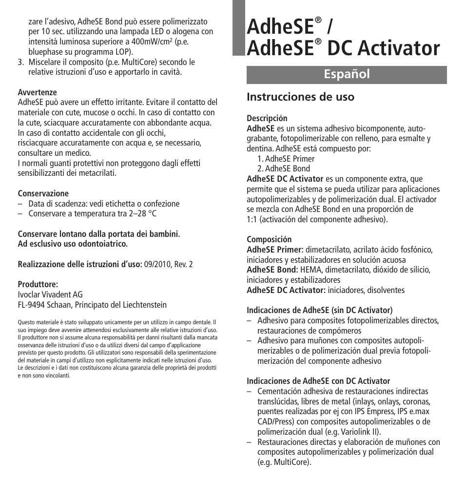 Español, Adhese, Dc activator | Ivoclar Vivadent AdheSE v.3 User Manual | Page 11 / 41
