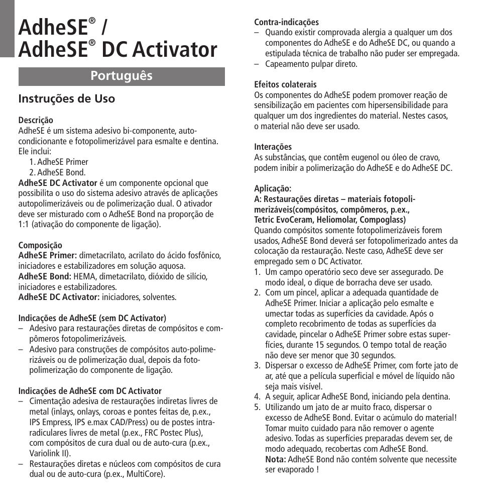 Português, Adhese, Dc activator | Ivoclar Vivadent AdheSE v.3 User Manual | Page 14 / 41