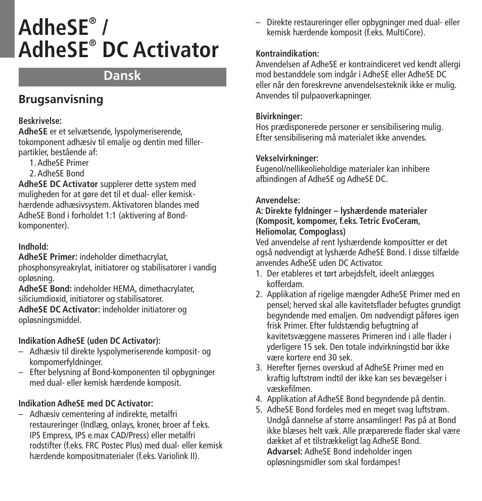 Dansk, Adhese, Dc activator | Ivoclar Vivadent AdheSE v.3 User Manual | Page 19 / 41