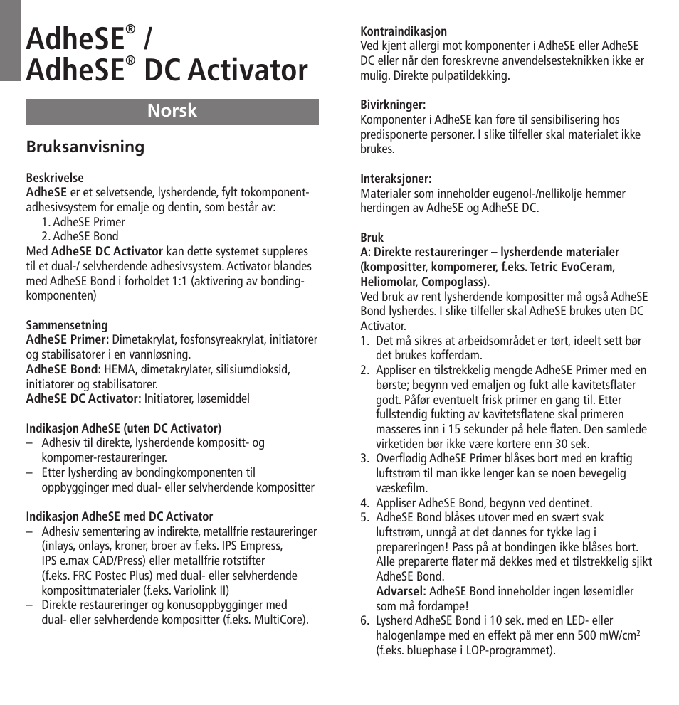 Norsk, Adhese, Dc activator | Ivoclar Vivadent AdheSE v.3 User Manual | Page 24 / 41