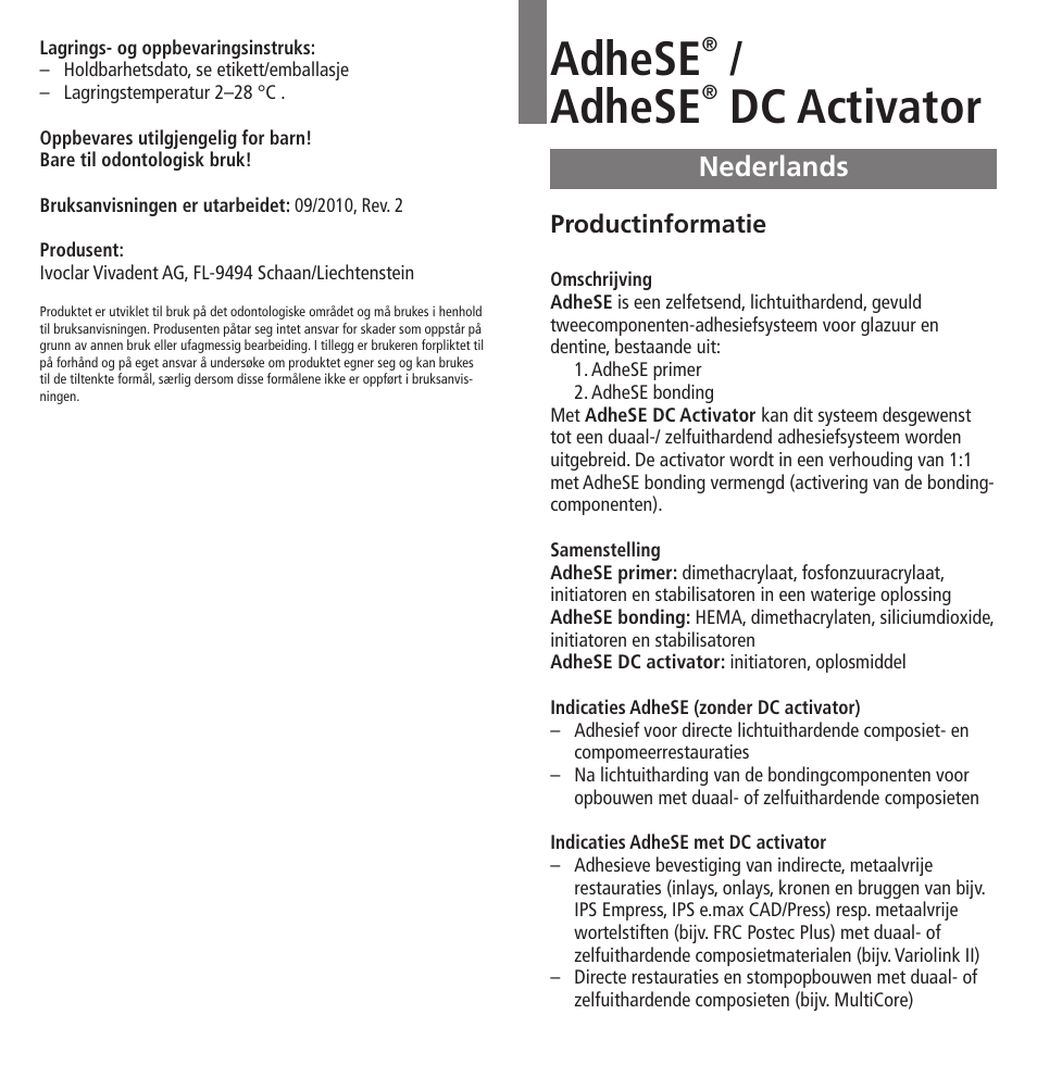 Nederlands, Adhese, Dc activator | Ivoclar Vivadent AdheSE v.3 User Manual | Page 26 / 41