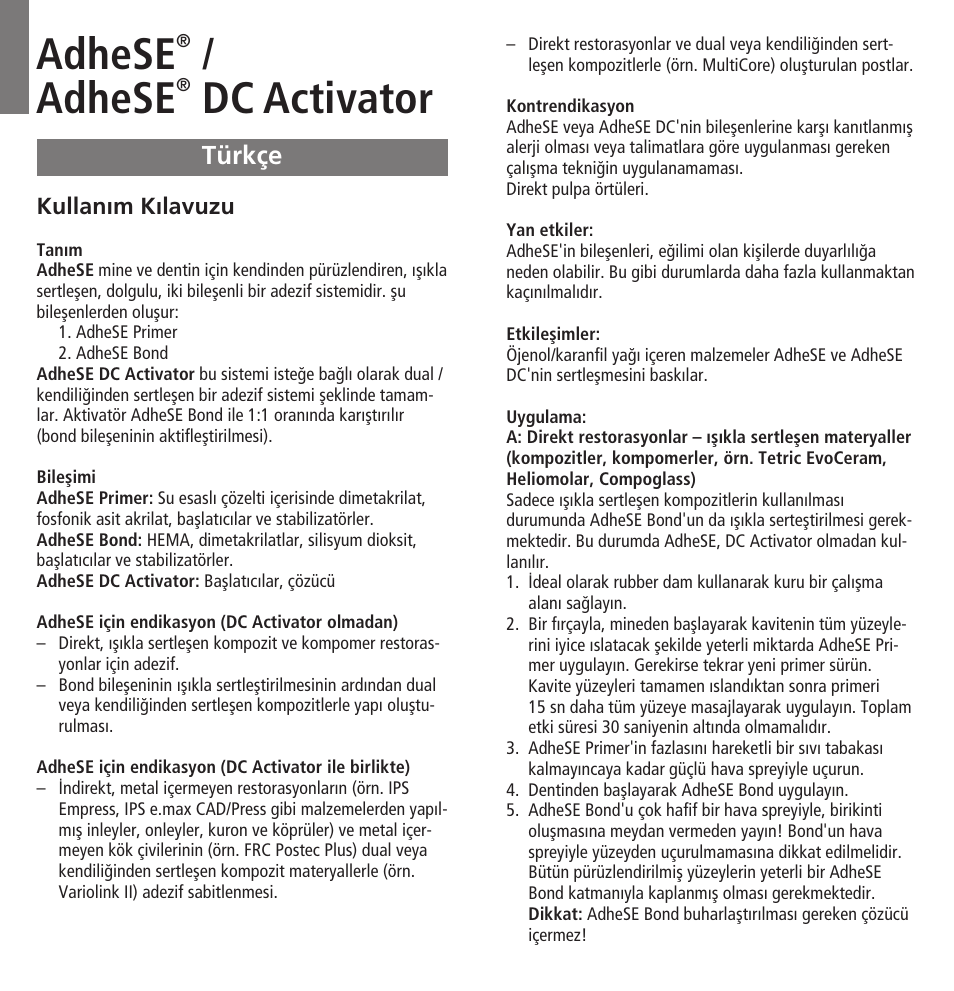 Türkçe, Adhese, Dc activator | Ivoclar Vivadent AdheSE v.3 User Manual | Page 32 / 41