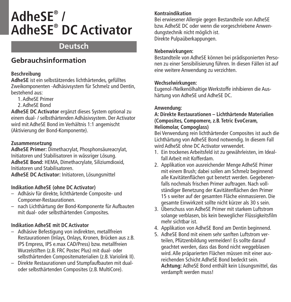 Deutsch, Adhese, Dc activator | Ivoclar Vivadent AdheSE v.3 User Manual | Page 4 / 41