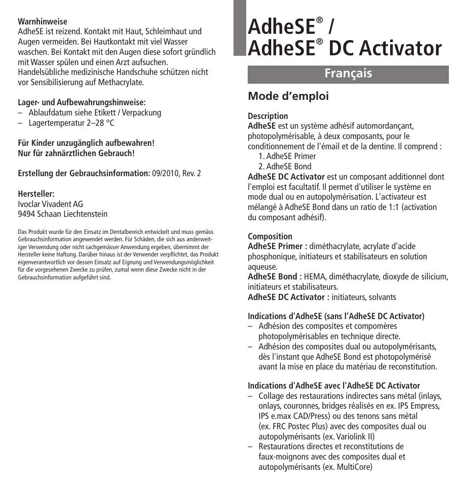 Français, Adhese, Dc activator | Ivoclar Vivadent AdheSE v.3 User Manual | Page 6 / 41