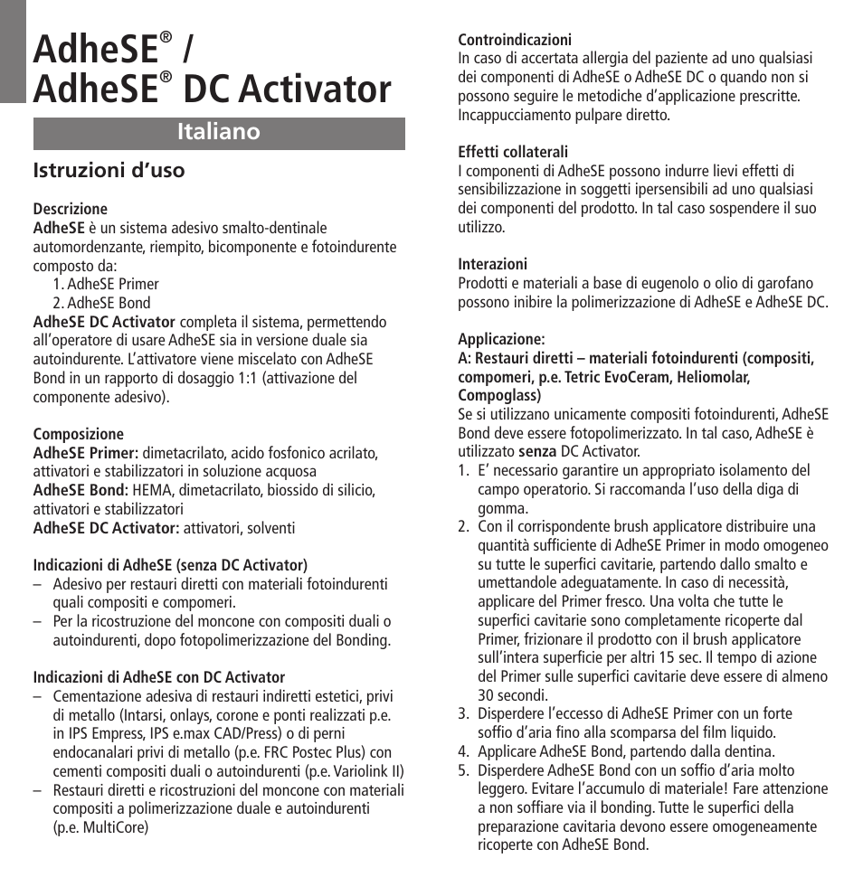 Italiano, Adhese, Dc activator | Ivoclar Vivadent AdheSE v.3 User Manual | Page 9 / 41