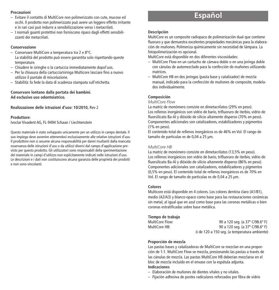 Español | Ivoclar Vivadent MultiCore v.2 User Manual | Page 11 / 40