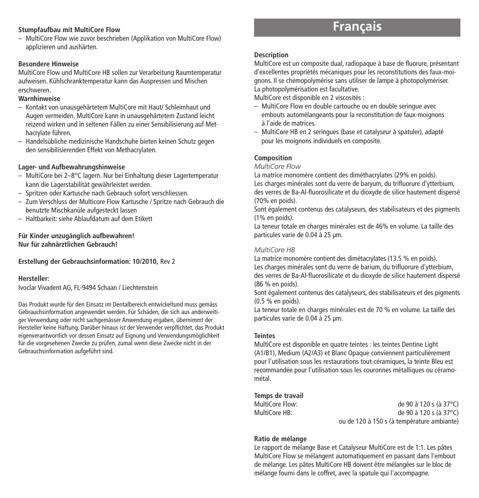 Français | Ivoclar Vivadent MultiCore v.2 User Manual | Page 6 / 40