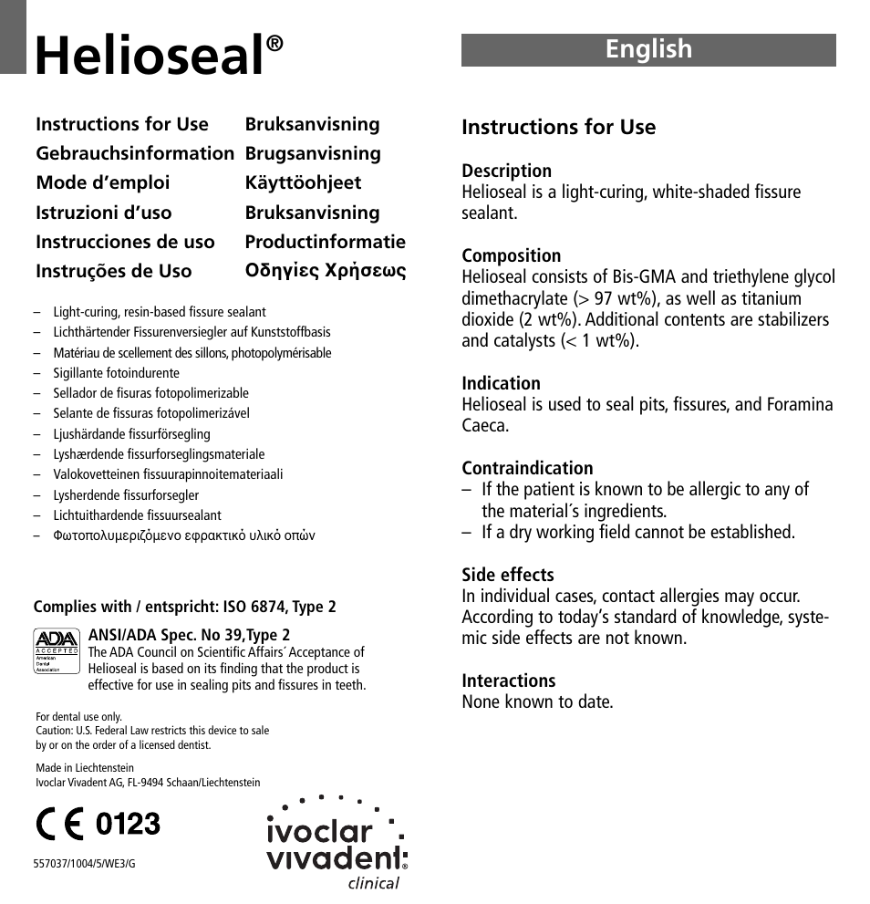 Ivoclar Vivadent Helioseal v.1 User Manual | 20 pages