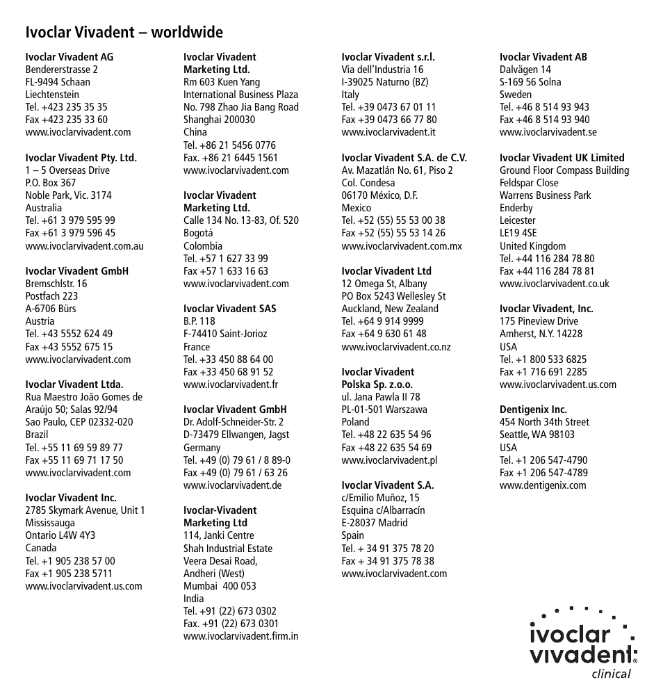 Ivoclar vivadent – worldwide | Ivoclar Vivadent Helioseal v.1 User Manual | Page 20 / 20
