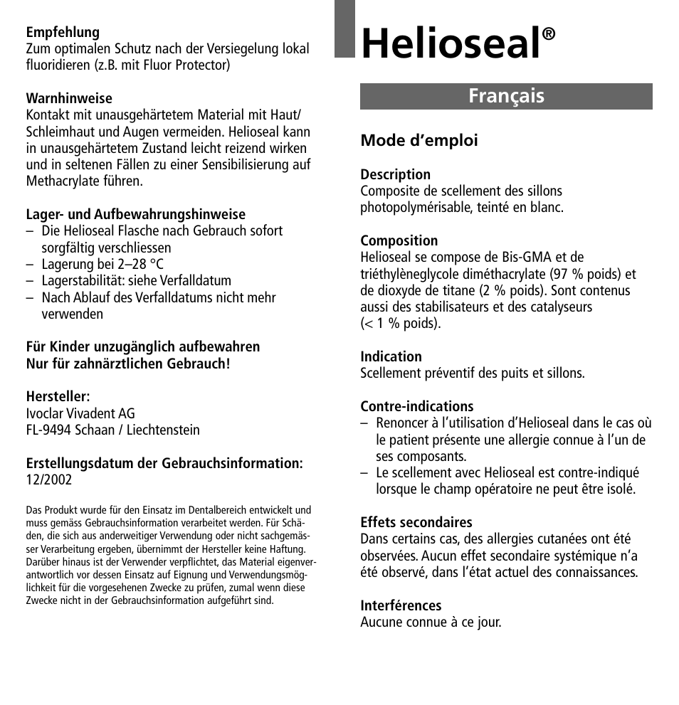Français, Helioseal | Ivoclar Vivadent Helioseal v.1 User Manual | Page 4 / 20