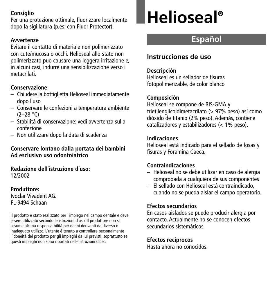 Español, Helioseal | Ivoclar Vivadent Helioseal v.1 User Manual | Page 7 / 20