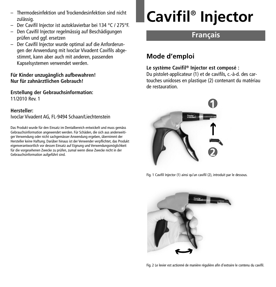 Cavifil, Injector, Français | Ivoclar Vivadent Cavifil Injector v.2 User Manual | Page 4 / 24