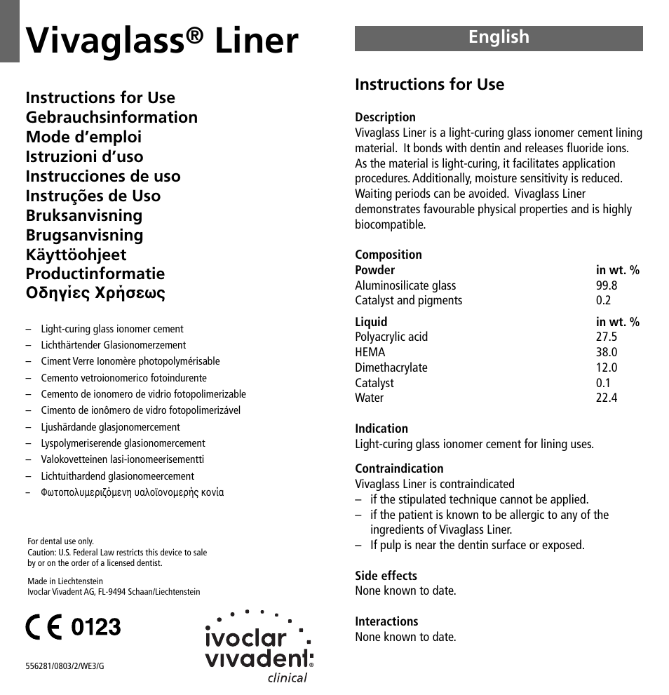 Ivoclar Vivadent Vivaglass Liner v.1 User Manual | 24 pages