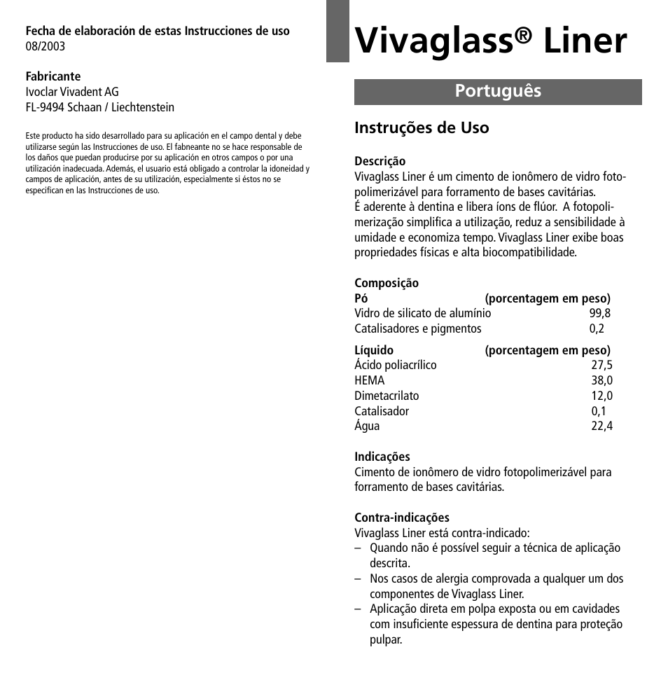 Português, Vivaglass, Liner | Ivoclar Vivadent Vivaglass Liner v.1 User Manual | Page 11 / 24