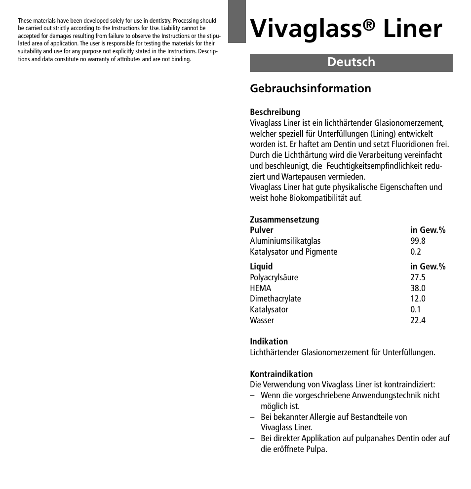 Deutsch, Vivaglass, Liner | Ivoclar Vivadent Vivaglass Liner v.1 User Manual | Page 3 / 24