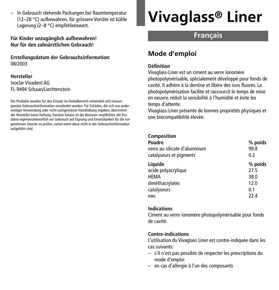 Français, Vivaglass, Liner | Ivoclar Vivadent Vivaglass Liner v.1 User Manual | Page 5 / 24