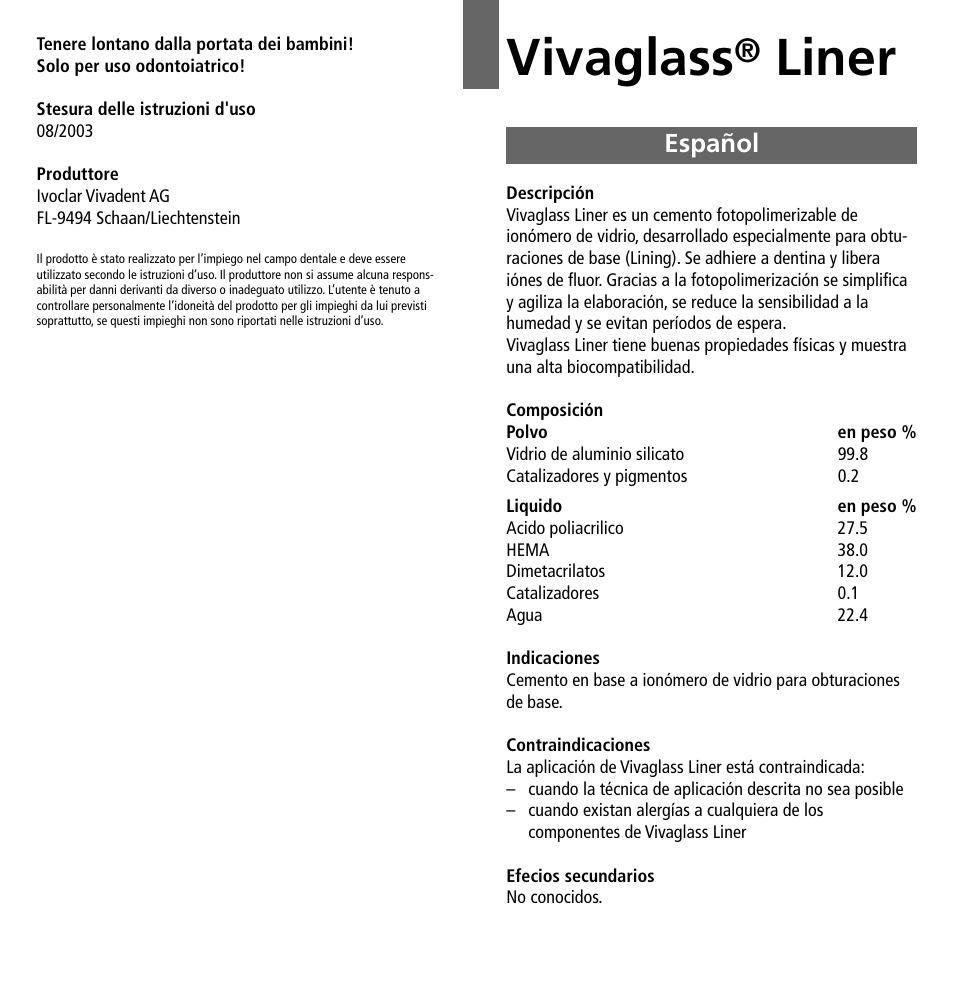 Español, Vivaglass, Liner | Ivoclar Vivadent Vivaglass Liner v.1 User Manual | Page 9 / 24