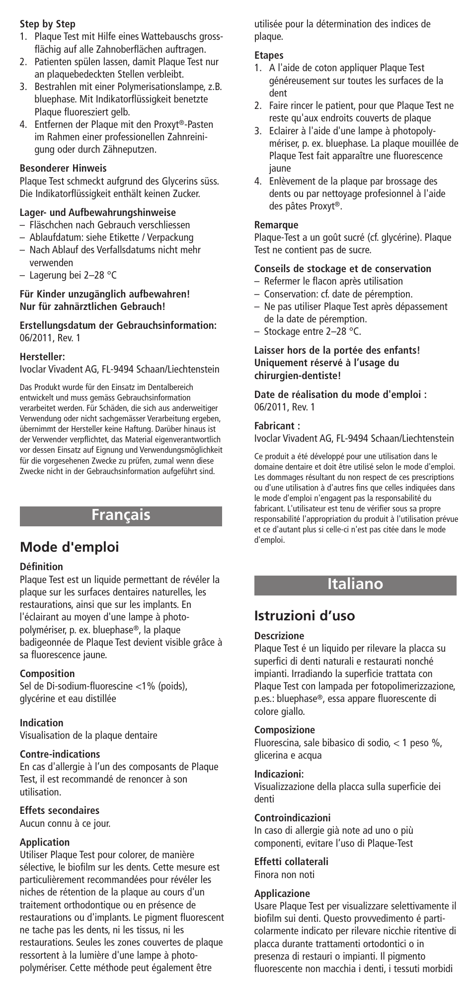 Français, Italiano, Français italiano | Mode d'emploi, Istruzioni d’uso | Ivoclar Vivadent Plaque Test v.2 User Manual | Page 2 / 9