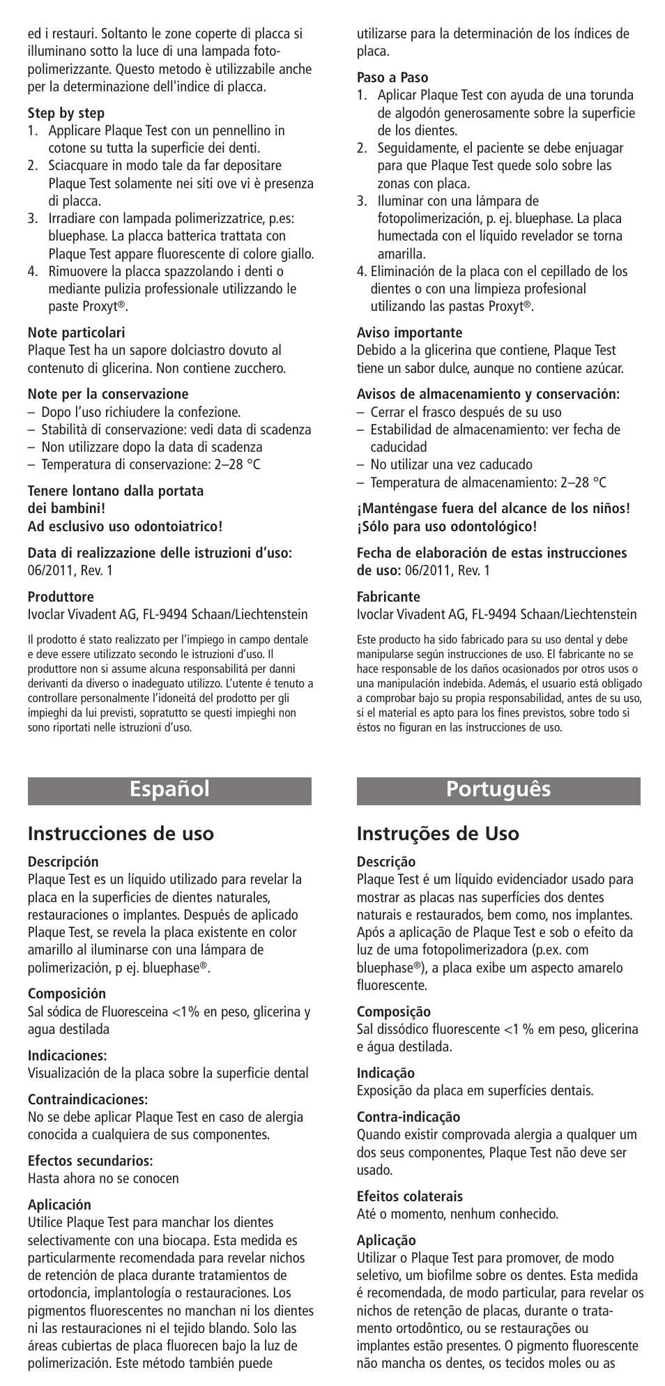 Español, Português, Español português | Instrucciones de uso, Instruções de uso | Ivoclar Vivadent Plaque Test v.2 User Manual | Page 3 / 9