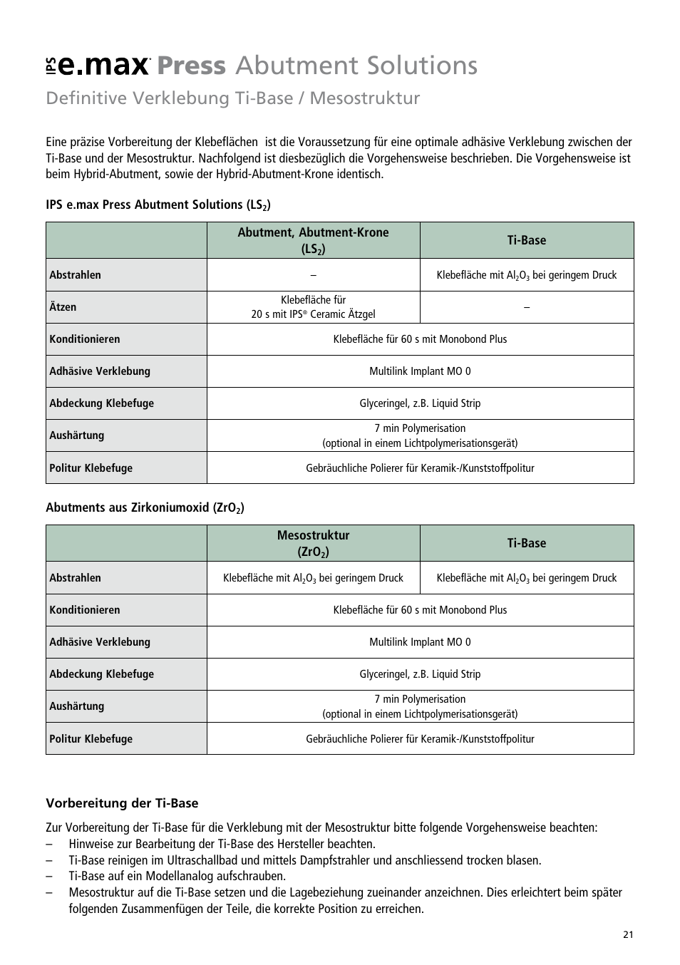 Press abutment solutions, Definitive verklebung ti-base / mesostruktur | Ivoclar Vivadent IPS e.max Abutment Solutions Cem Kit v.3 User Manual | Page 21 / 80