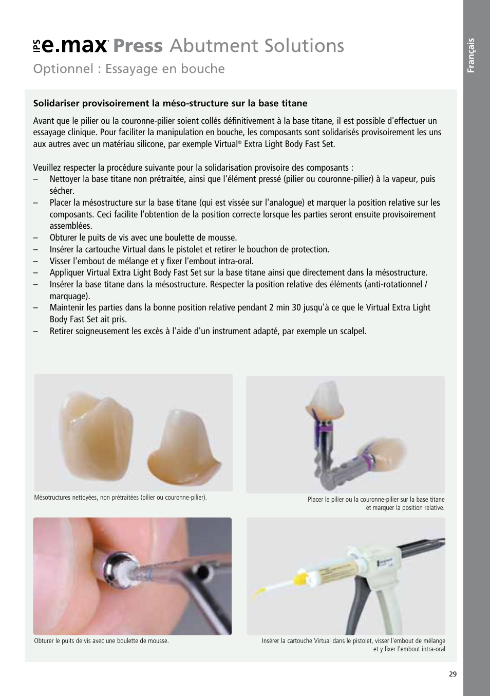 Français, Press abutment solutions, Optionnel : essayage en bouche | Ivoclar Vivadent IPS e.max Abutment Solutions Cem Kit v.3 User Manual | Page 29 / 80