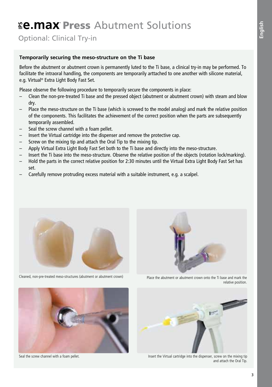 English, Press abutment solutions, Optional: clinical try-in | Ivoclar Vivadent IPS e.max Abutment Solutions Cem Kit v.3 User Manual | Page 3 / 80