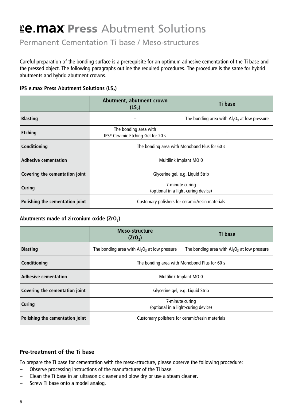 Press abutment solutions, Permanent cementation ti base / meso-structures | Ivoclar Vivadent IPS e.max Abutment Solutions Cem Kit v.3 User Manual | Page 8 / 80