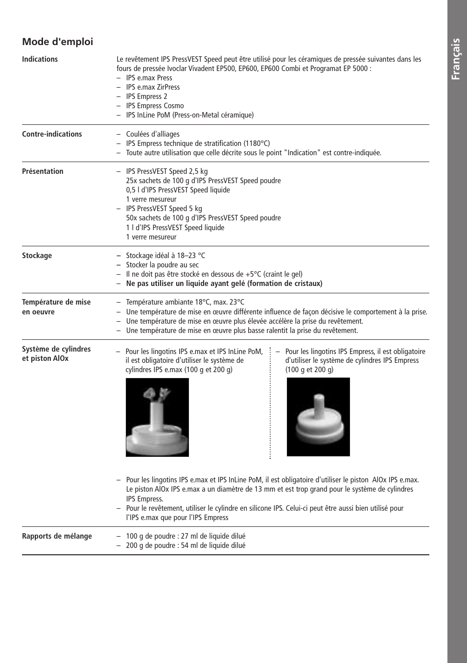 Français, Fra n ça is, Mode d'emploi | Ivoclar Vivadent IPS PressVEST Speed v.1 User Manual | Page 12 / 52