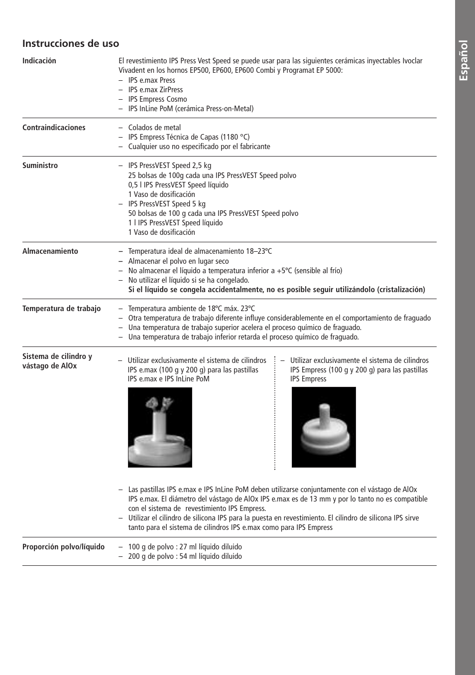 Español, Instrucciones de uso | Ivoclar Vivadent IPS PressVEST Speed v.1 User Manual | Page 20 / 52