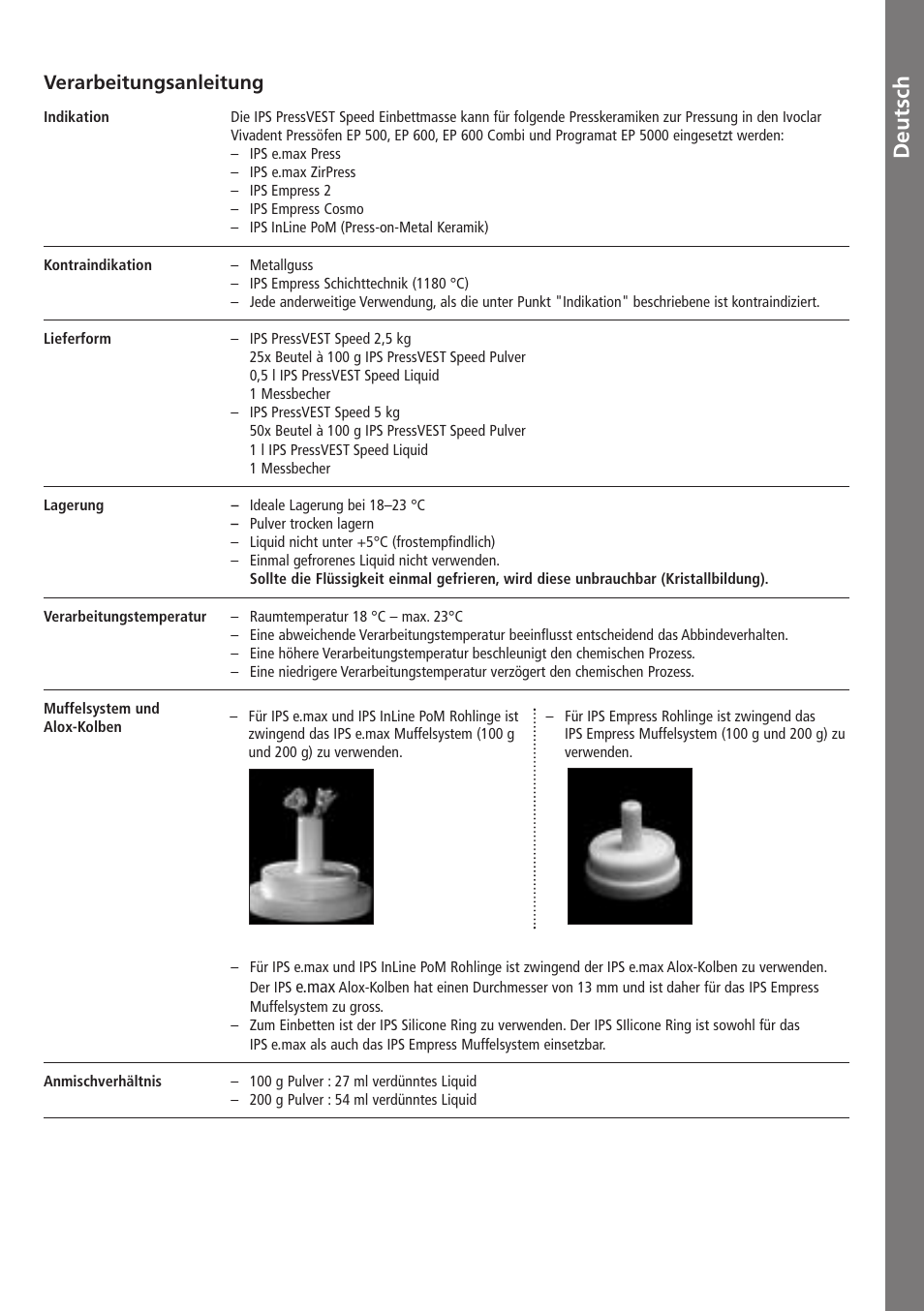 Deutsch, De u ts ch, Verarbeitungsanleitung | Ivoclar Vivadent IPS PressVEST Speed v.1 User Manual | Page 8 / 52