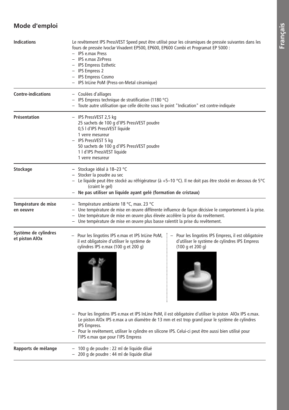 Français, Fra n ça is, Mode d'emploi | Ivoclar Vivadent IPS PressVEST v1.pdf User Manual | Page 14 / 54