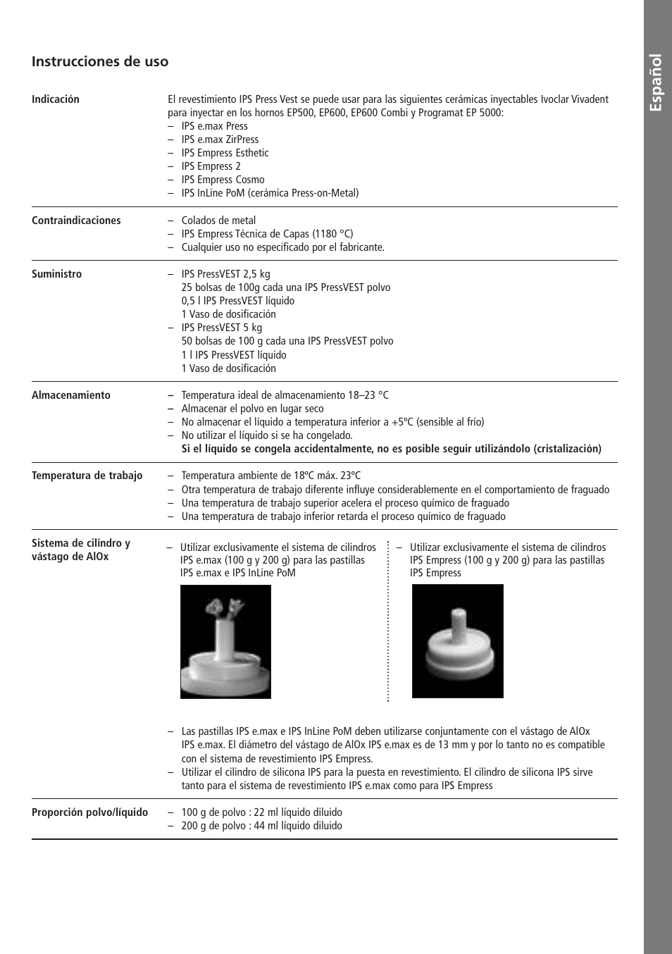 Español, Instrucciones de uso | Ivoclar Vivadent IPS PressVEST v1.pdf User Manual | Page 22 / 54