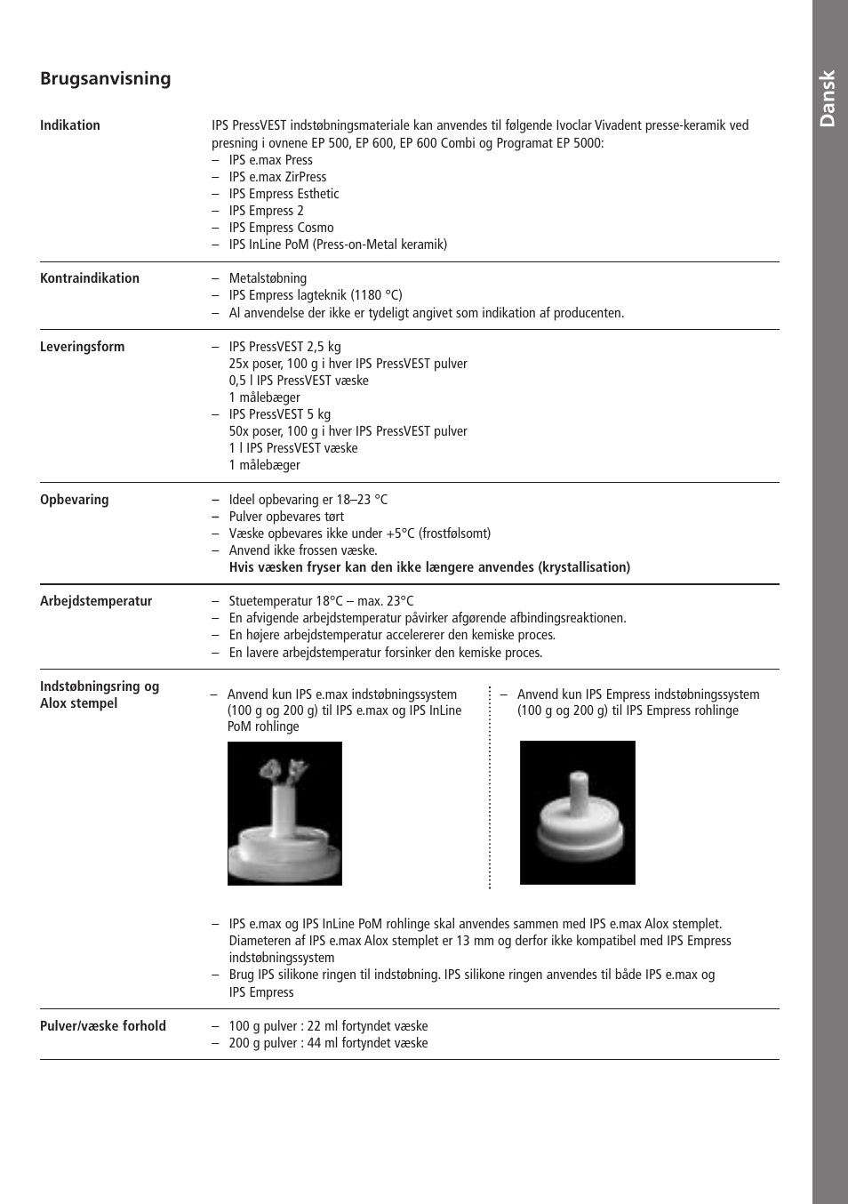 Dansk, Da n sk, Brugsanvisning | Ivoclar Vivadent IPS PressVEST v1.pdf User Manual | Page 34 / 54